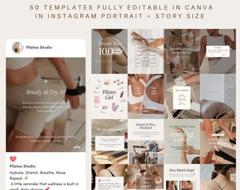 Pilates Instagram Templates for Fitness Coach Social Media Content Pilates Coach Social Media Content, Pilates Fitness Studio Trainer Yoga