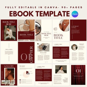 Könnte beinhalten: E-Book-Vorlage mit modernem Design, das ein Rasterlayout mit verschiedenen Seitendesigns aufweist. Die Vorlage enthält Seiten für einen Buchtitel, Kapitelüberschriften und Inhaltsabschnitte. Das Farbschema ist eine Mischung aus Burgunderrot, Creme und Weiß.