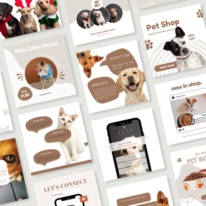 May include: A collection of Instagram posts for a pet shop. The posts feature images of dogs, cats, and pet food. The text on the posts includes "New Cake Menu!" "Pet Shop" "Question: Why does my dog lick me?" "Answer" "Stop Scretching" "New in Shop" and "Pet Boxes".