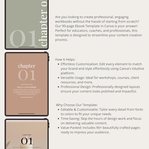 May include: A digital mockup of a 90-page ebook template for Canva. The template is designed for educators, coaches, and professionals. The template is customizable and includes 90+ beautifully crafted pages. The text on the image reads "Chapter 01".