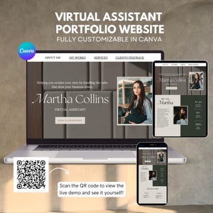 May include: A virtual assistant portfolio website template fully customisable in Canva, displayed on a laptop screen, a tablet, and a smartphone. The design features the text Martha Collins, Virtual Assistant, and includes a QR code for a live demo.
