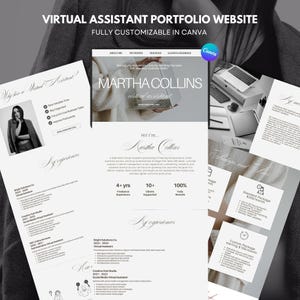 May include: A virtual assistant portfolio website template fully customisable in Canva. The layout features sections for professional experience, client feedback, and service packages, with the name Martha Collins displayed prominently.