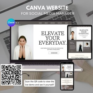 May include: A laptop, tablet, and smartphone display a website design with the text "ELEVATE YOUR EVERYDAY." The image promotes a Canva website for social media managers. A QR code is included.