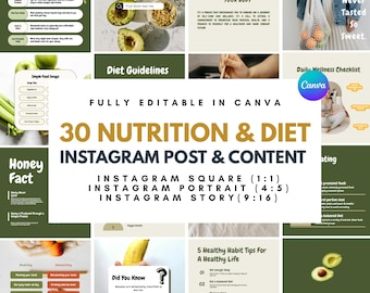 30-dagars mall för näringscoach för Instagram, Canva-innehåll för sociala medier Näringscoach, hälsocoach, välbefinnandecoach, näringsexpert och dietist