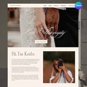 May include: Website design for Kaila Photography, featuring a couple holding hands with wedding rings. The website includes navigation links, the photographer's name, and a call to action to book a session. A photo of the photographer is also included.