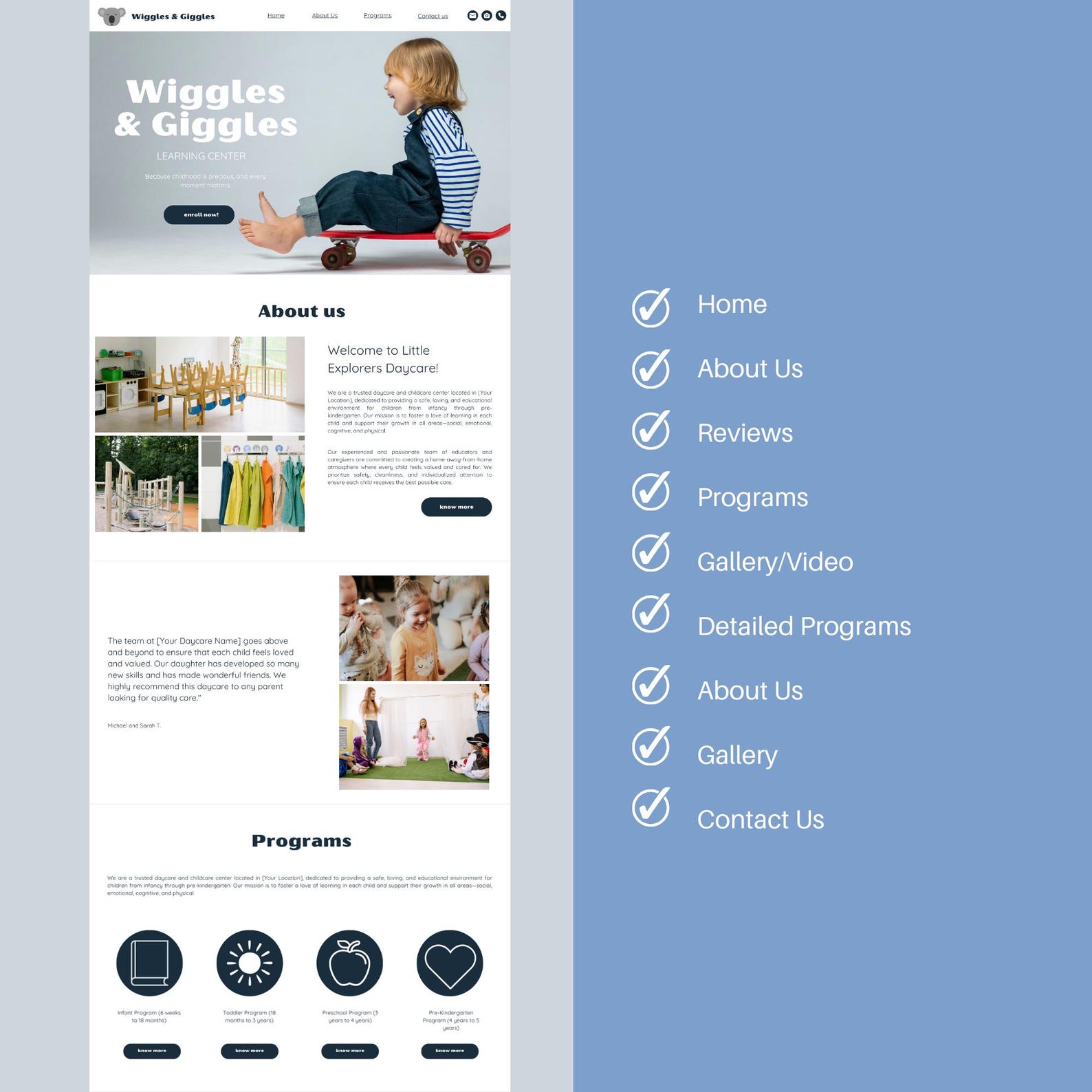 Daycare Canva One Page Website Template. Playful Daycare Website