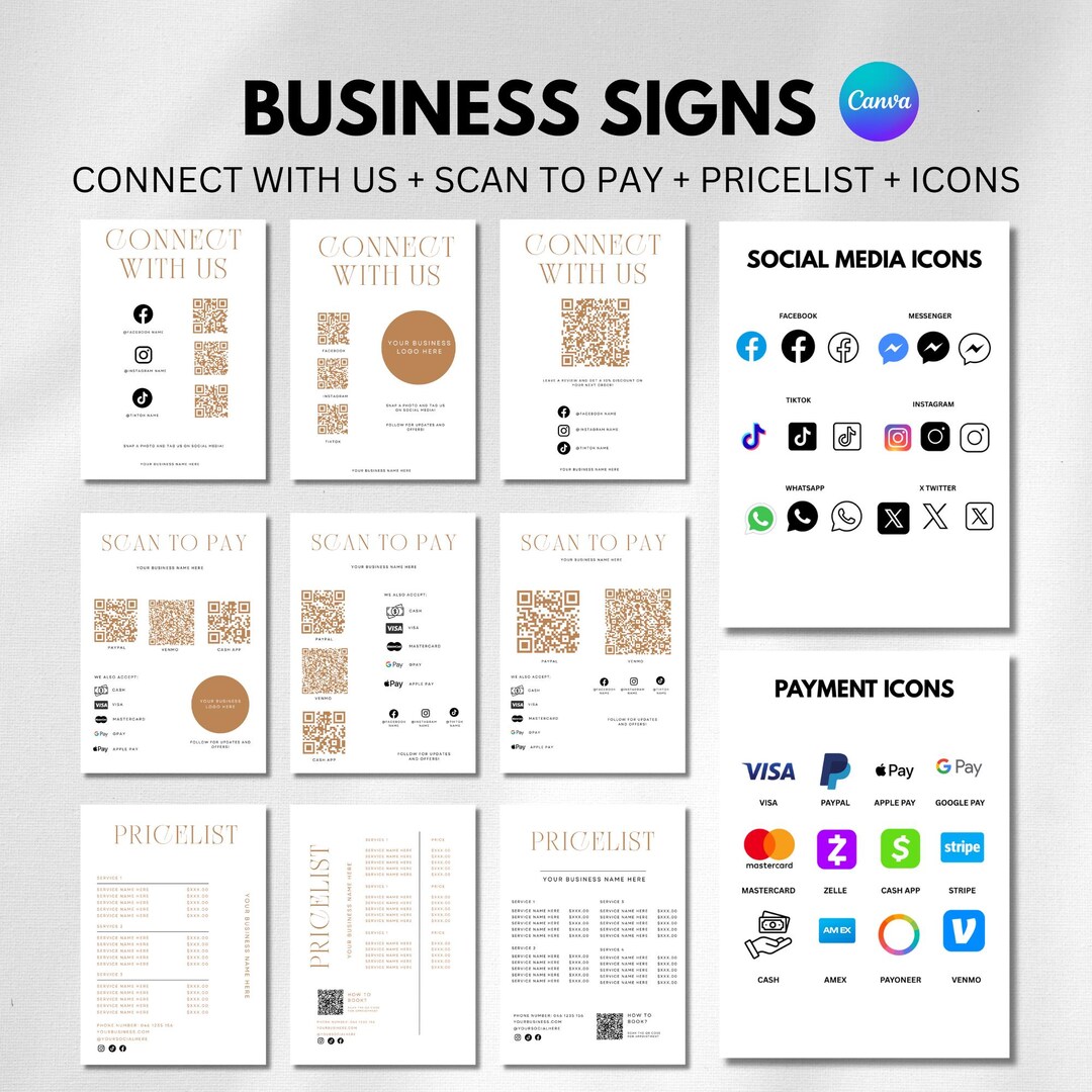 Payment Sign Template Bundle, Printable Scan to Pay, Qr Code Social ...