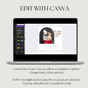 May include: A laptop screen displaying a Canva design template with two dogs wearing sunglasses and a red bag. The text on the design reads "how can we help you?" and "Dog & Co. is a modern, multi-brand shop offering the best assortment of contemporary pet products."
