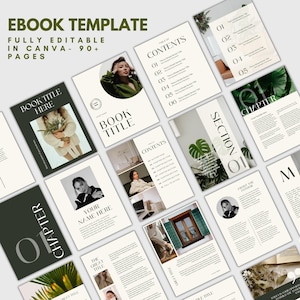 Op de afbeelding: Een e-book sjabloon met een minimalistisch ontwerp. De pagina's zijn in tinten wit, zwart en groen. De tekst "EBOOK TEMPLATE" en "FULLY EDITABLE IN CANVA - 90+ PAGES" zijn zichtbaar. De sjabloon bevat pagina's voor een inhoudsopgave, hoofdstuksecties en boektitels.