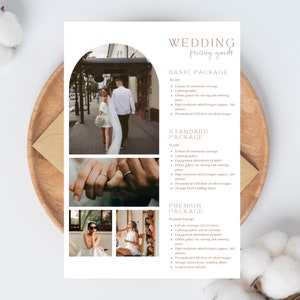 以下が含まれることがあります： 結婚式の写真撮影の料金表。ベーシック、スタンダード、プレミアムの3つのパッケージがあります。各パッケージには、撮影時間、カメラマンの数、編集済み写真の数が異なります。スタンダードパッケージには、20ページの8x10インチのウェディングアルバムが含まれています。