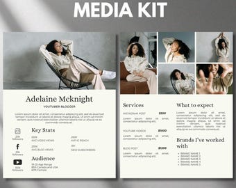 May include: A media kit template with the title "MEDIA KIT" at the top. The design features a photo of a woman, "Adelaine Mcknight, Youtuber Blogger", and key stats. The kit also includes services, and brands worked with. The text "FULLY EDITABLE IN CANVA" is at the bottom.