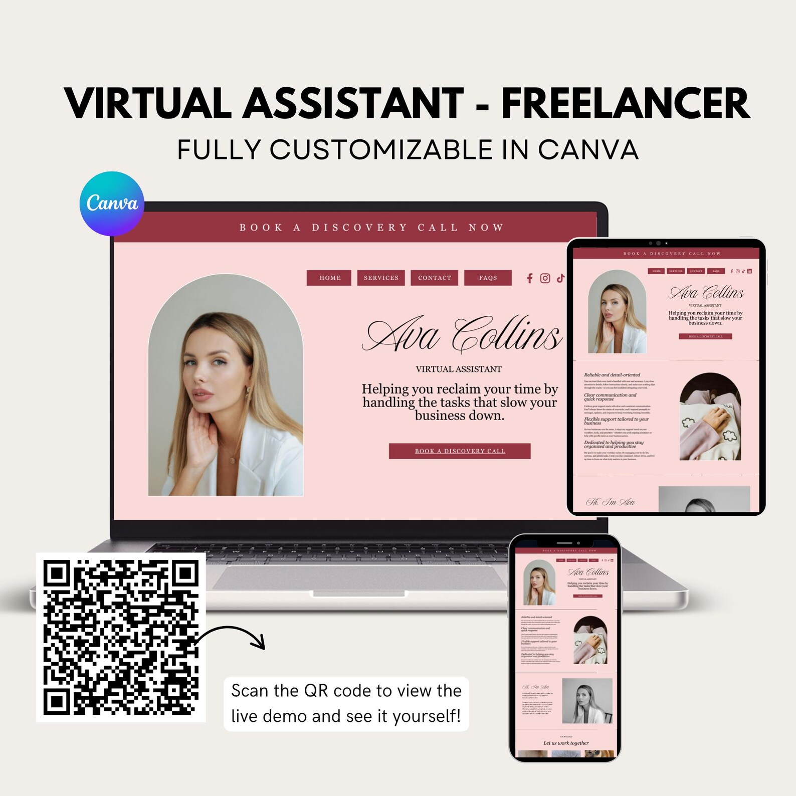 Virtual Assistant Canva Website Template Pink Online Course Digital ...