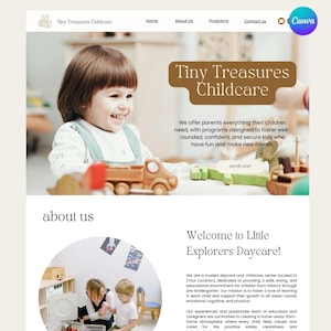 Canva-webbmall för daghem. Lekfull webbplatsmall för daghem. Canva-webbplats för barnomsorg, förskola, tidig utbildning.