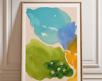 Lotus Pond Art Print: Blue Abstract Landscape, Spiritual Haven