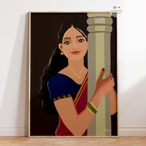 Indian Woman in Half Saree Art, Instant Download, Indian Village girl, Indian Culture Art, Desi Art, Indian Ethnic Art for home decor