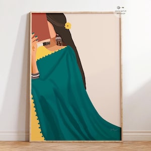 Indian Woman in Saree reading book art, Instant download, Indian Wall Art, Book Lover Gift, Boho Art, Indian Art, Girl in Saree, Desi Art