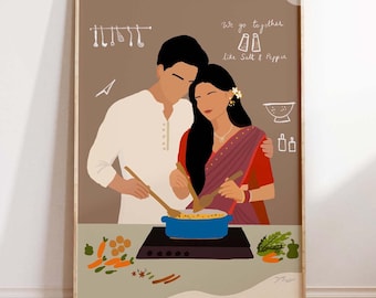 Indian Couple Cooking Art Print: Romantic Kitchen Illustration (Digital Download), Couples art with a love quote celebrating togetherness