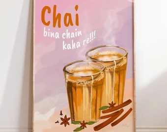 North Indian Chai Art Print, Instant Download, Chai Bina Art Quote,  Kitchen Poster with Hindi Quote, Hindi Wall Art, Cutting Chai Art