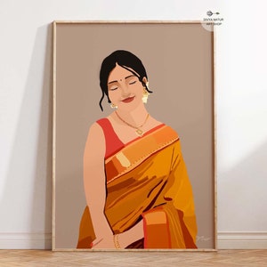 Traditional South Indian Woman in Orange Saree, Instant Download,  Hand Illustrated Indian Artwork, Indian Ethnic Art for Home Decor