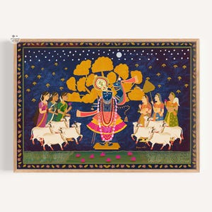 Pichwai Krishna with Gopis Wall Art, Instant Download, Indian Folk Art with South and North Indian Gopis, Night themed Hindu Devotional Art
