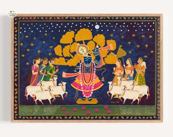 Pichwai Krishna Gopis Art Print: Hindu Night Scene (Digital Download)