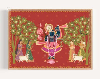 Pichwai Krishna Gopis Art Print | Red Indian Folk Art (Digital Download)