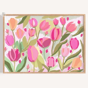 Blooming Tulips Painting Floral Art Premium Fine Art Print, Colorful Floral Wall Decor in soft Paste tones, Luxury  and vibrant Wall Art