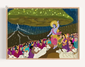 Lord Krishna hebt Govardhan Wandkunst | Indischer spiritueller DIGITALER DOWNLOAD | Hinduistische Mythologie Druck