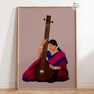 Indian woman playing classical music Art, Instant Download,    Tanpura Player Art, Unique gift for Indians, Indian Musical Art, Desi Girl