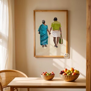Heartwarming digital painting of an elderly couple walking hand in hand in traditional outfits.