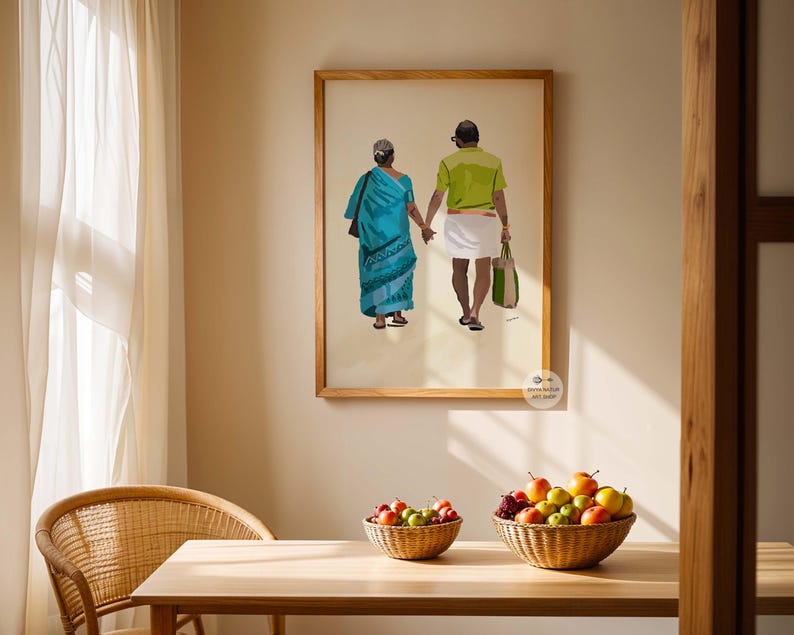Heartwarming digital painting of an elderly couple walking hand in hand in traditional outfits.