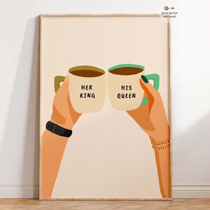 Indian Couple Hands Holding Coffee Mugs, Instant Download, &quot;Her King & His Queen Mug Art Printables, Romantic Wedding or Anniversary Gifts