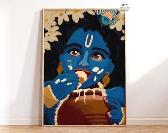 Impression d'art Baby Krishna mangeant du beurre : Dieu hindou avec pot de beurre (téléchargement numérique), décoration murale spirituelle de Krishna, art pour salle de puja