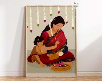 South Indian Mother and Child Art Print: Vibrant Saree, Maternal