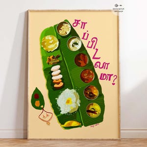 South Indian Food Art for Indian kitchen, Instant Download, South Indian Banana Leaf Meal with Tamil Phrase, House warming gift for Kitchen
