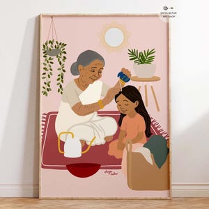 Indian Grandmother and Child Oiling Art Print, Instant Download,  Traditional Family Wall Decor, Indian Nursery Decor for kids