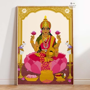 Goddess Lakshmi Wall Art, Instant PRINTABLE download, Indian Spiritual Poster, Hindu LakshmiDevi Illustration, Varalakshmi Puja Gift, Diwali