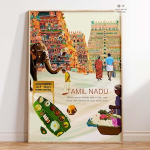 Tamil Nadu Travel Poster, Instant Download, South Indian Cultural Art Print,  Temple & Food Illustration, Tamil Art Gifts, Desi wall decor