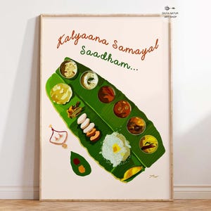 Tamil Phrase Food Art, Instant Download, Kalyana Samayal Saadham, South Indian wedding meals art, Idli Vada Sambar Rice Rasam on banana leaf