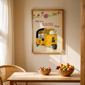 Vibrant yellow rickshaw wall art with floral elements