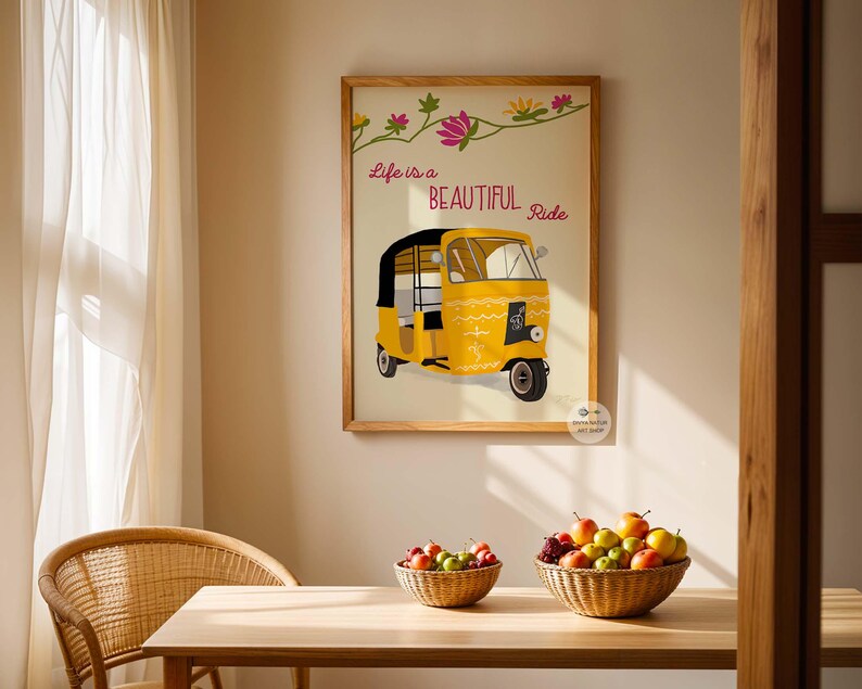 Vibrant yellow rickshaw wall art with floral elements