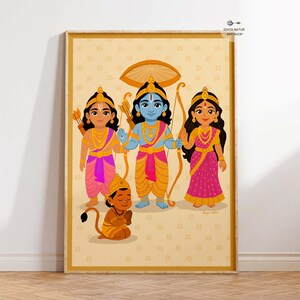 May include: A framed illustration depicting cartoon Hindu deities. The artwork features figures in traditional dress, with bright colours including pink, yellow, and blue. The characters are set against a patterned background, creating a visually appealing and culturally rich piece.