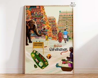 May include: A framed art print depicting a colorful scene of Chennai, India. The artwork features an elephant, a sign reading "Chennai Central", and people walking near ornate buildings. A vendor sells flowers, and a meal is displayed.