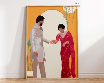 Indian Couple Art Print: Sherwani Saree, Romantic Desi Decor (Digital Download), North Indian man and woman art, Ethnic Wall Decor