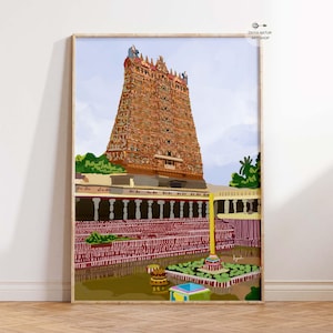 Puede incluir: Una impresión enmarcada de un templo colorido con una torre alta y ornamentada. La obra de arte presenta una ilustración detallada de la arquitectura del templo, con tonos rojos, marrones y verdes. La impresión se exhibe en una pared de color claro.