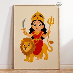 Puede incluir: Ilustración enmarcada que representa una figura de dibujos animados montada en un león. La figura, en rojo y dorado, sostiene una espada y un tridente. El león es de color marrón dorado. La obra está sobre un fondo beige.