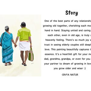 Indian art print featuring a couple in a blue saree and green shirt with a shopping bag.