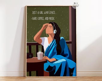 Indian Girl Art Print: Rainy Day Coffee, Music Vibes (Digital Download)