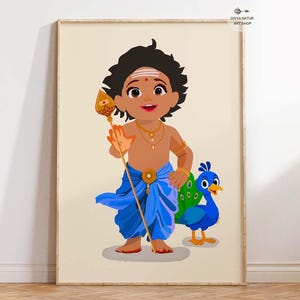 Baby Murugan Wand Kunst, PRINTABLES, indisches Babypartygeschenk, niedlicher Lord Kartikeya mit Pfau, hinduistische Gottheit Poster, tamilische Gotteskunst für Kinderzimmer