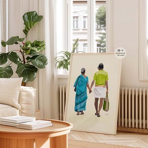 Minimalistic painting of a loving elderly couple in traditional Indian wear